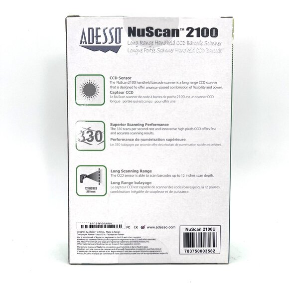 Adesso NuScan 2100 Long Range Handheld CCD Barcode Scanner Windows Mac USB Cable - Picture 2 of 16